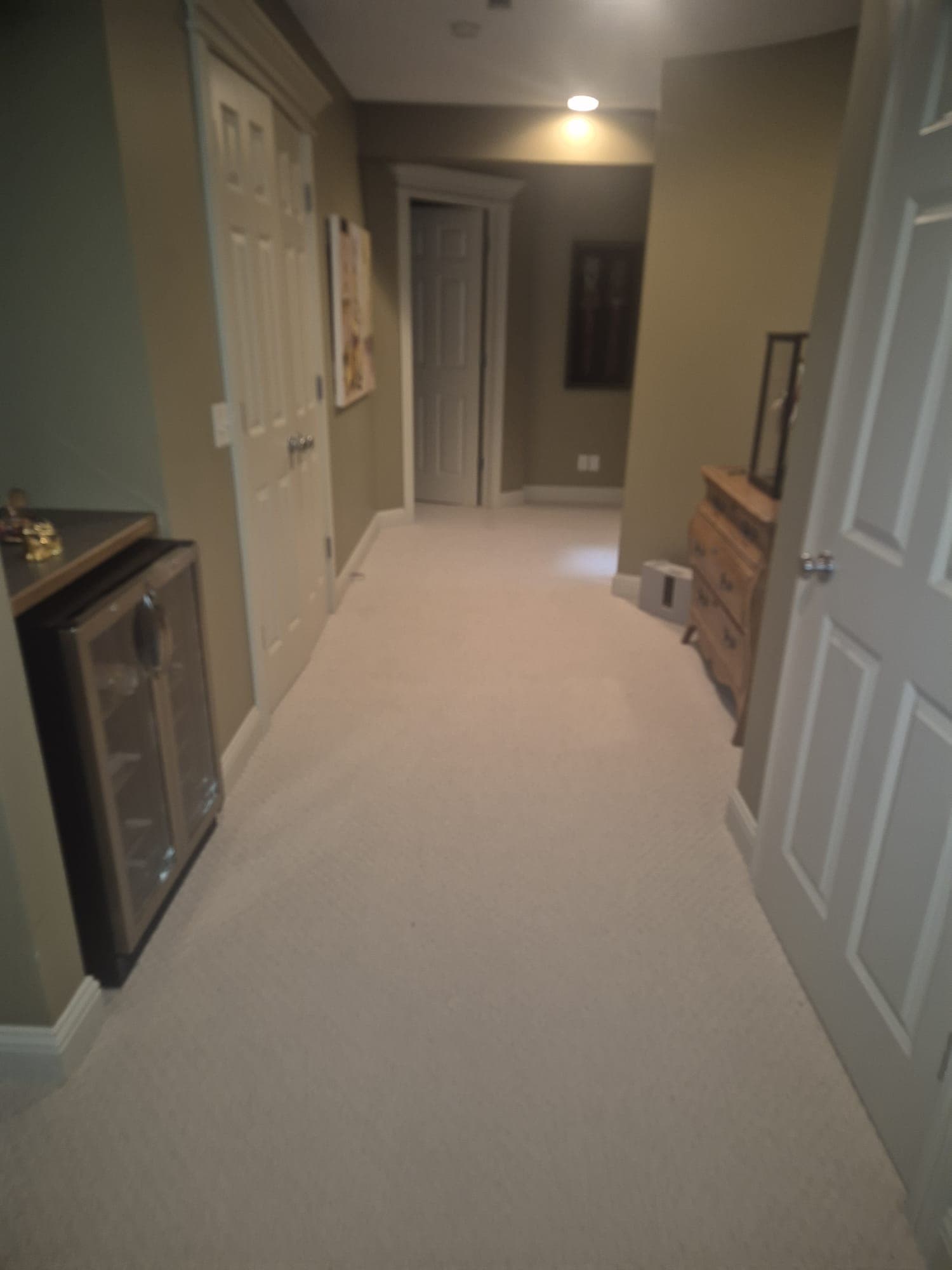 Bright basement hallway with fresh wool berber carpet running into a rec room